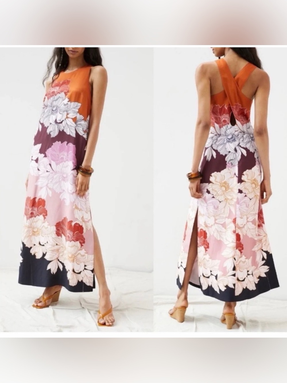 Maeve Anthropologie Floral Twist Back Maxi Dress L Orange Pink